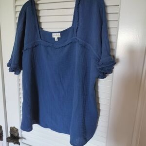 Wonderly XL Square Neck Raw Seam Textured Top Blue 100% Cotton Made In India